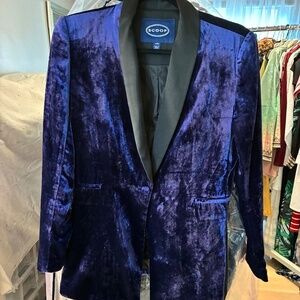 Purple Blue Crushed Velvet Tuxedo Jacket Deep V Front One Button Pockets